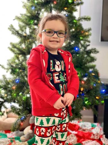 Savannah in a festive outfit in front of our family Christmas Tree